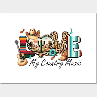 Love my country music guitar western Retro Country Music Heartbeat Western Cowboy Cowgirl Gift Posters and Art